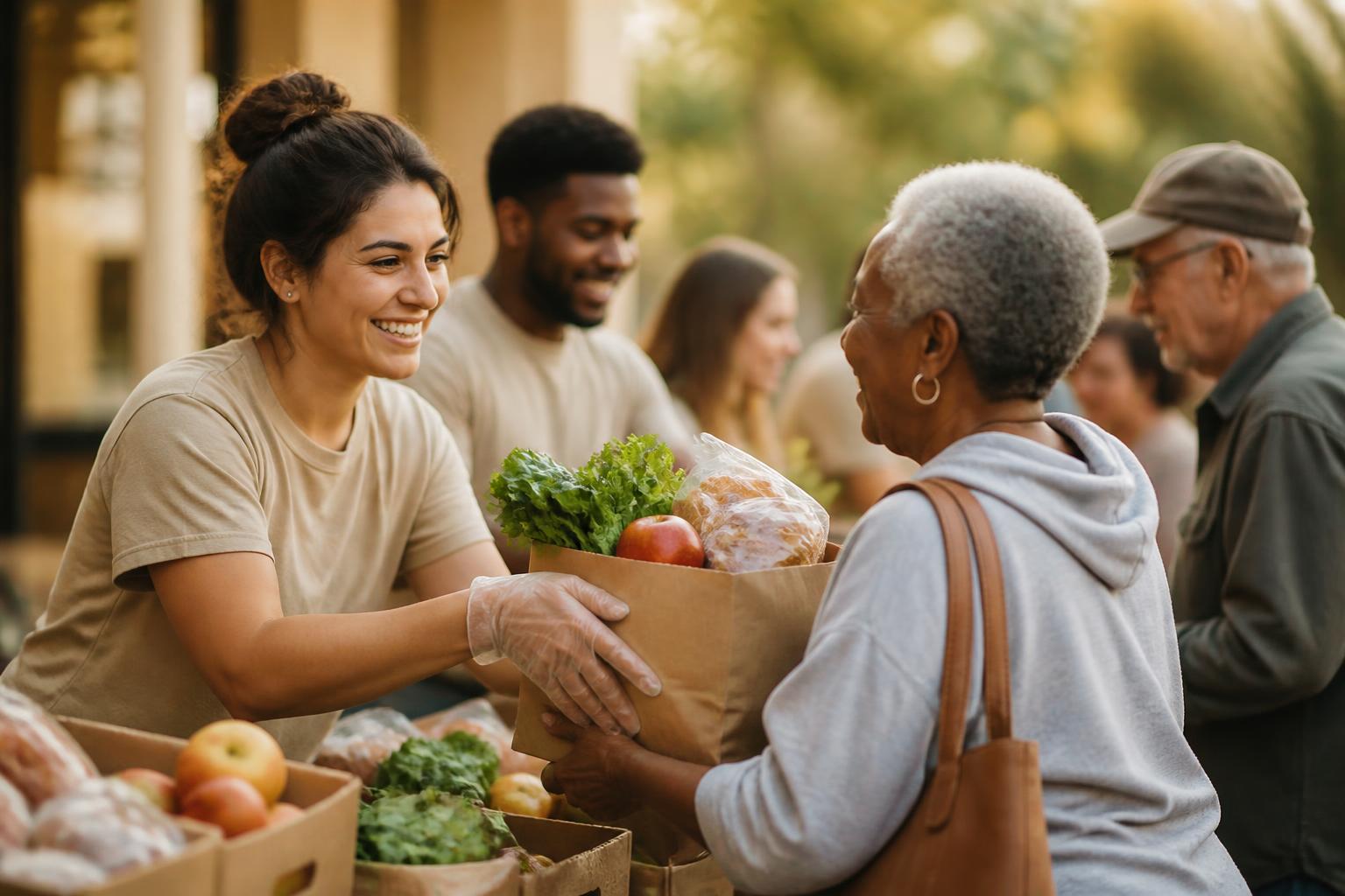 Volunteers distributing fresh groceries at a community food outreach event