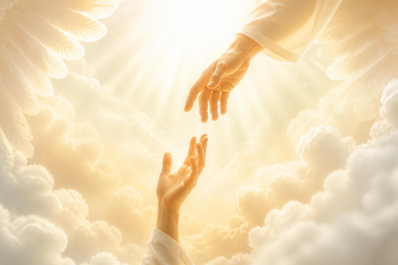 Two hands reaching toward each other through heavenly clouds and golden light