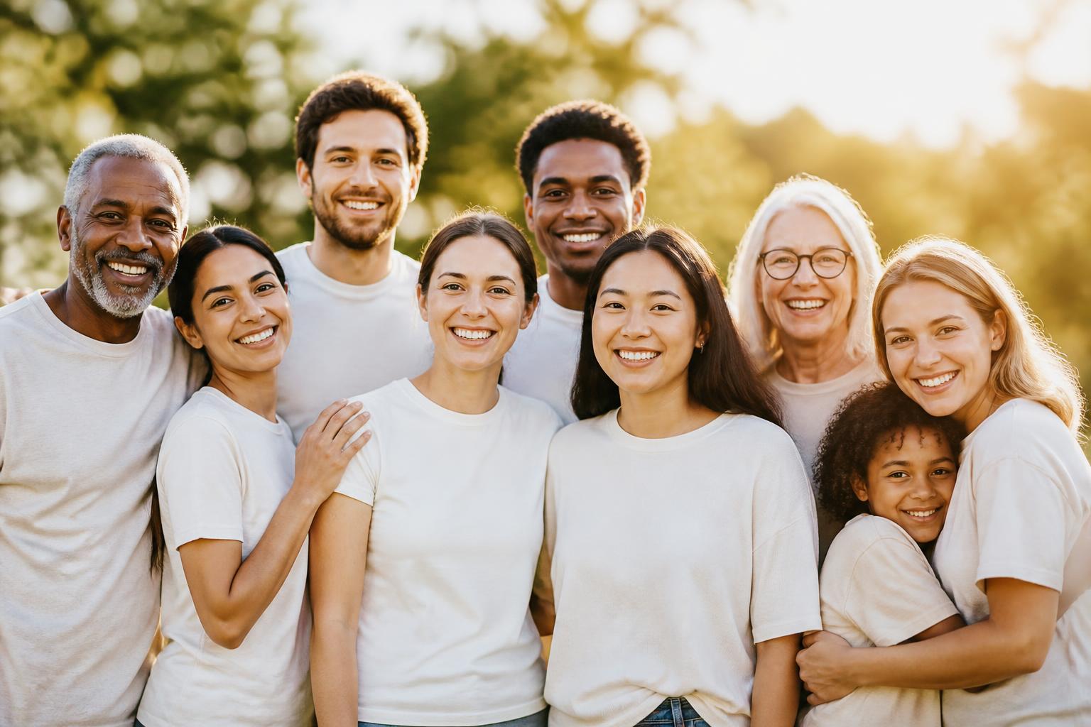 Diverse group of smiling volunteers standing together outdoors